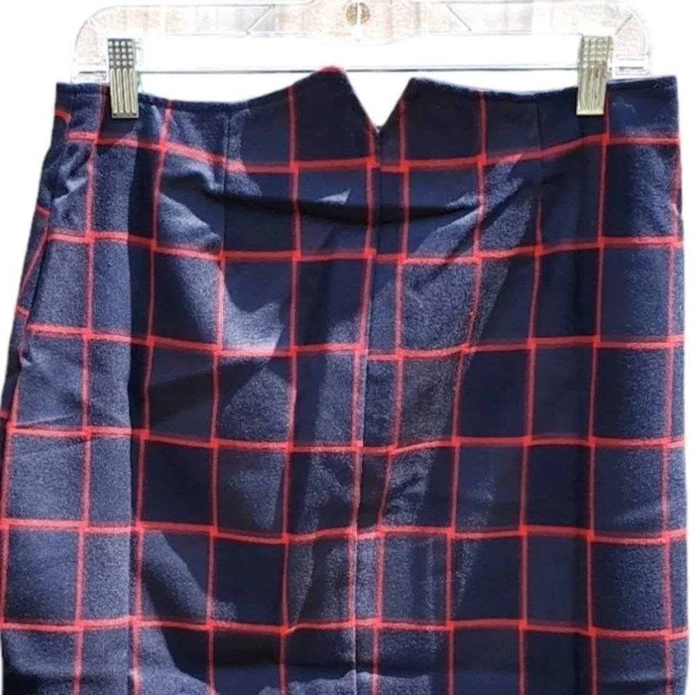 Uniq Plaid Navy Red Golden‎ Zipup Dressy Mini Skirt Large NWT